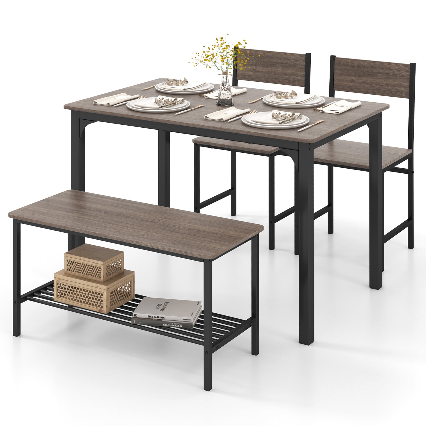 Rustic 4 Piece Dining Table Set with Bench and Two Chairs for Kitchen or Dining Room, Grey