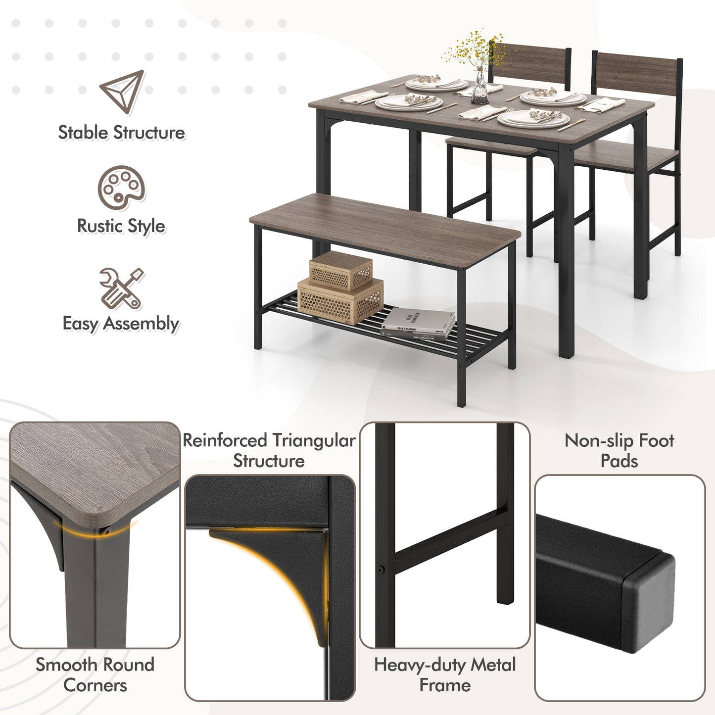Rustic 4 Piece Dining Table Set with Bench and Two Chairs for Kitchen or Dining Room, Grey