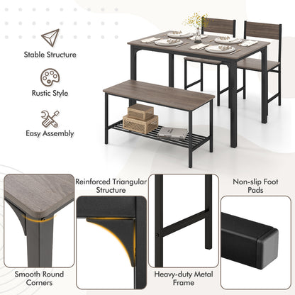 Rustic 4 Piece Dining Table Set with Bench and Two Chairs for Kitchen or Dining Room, Grey