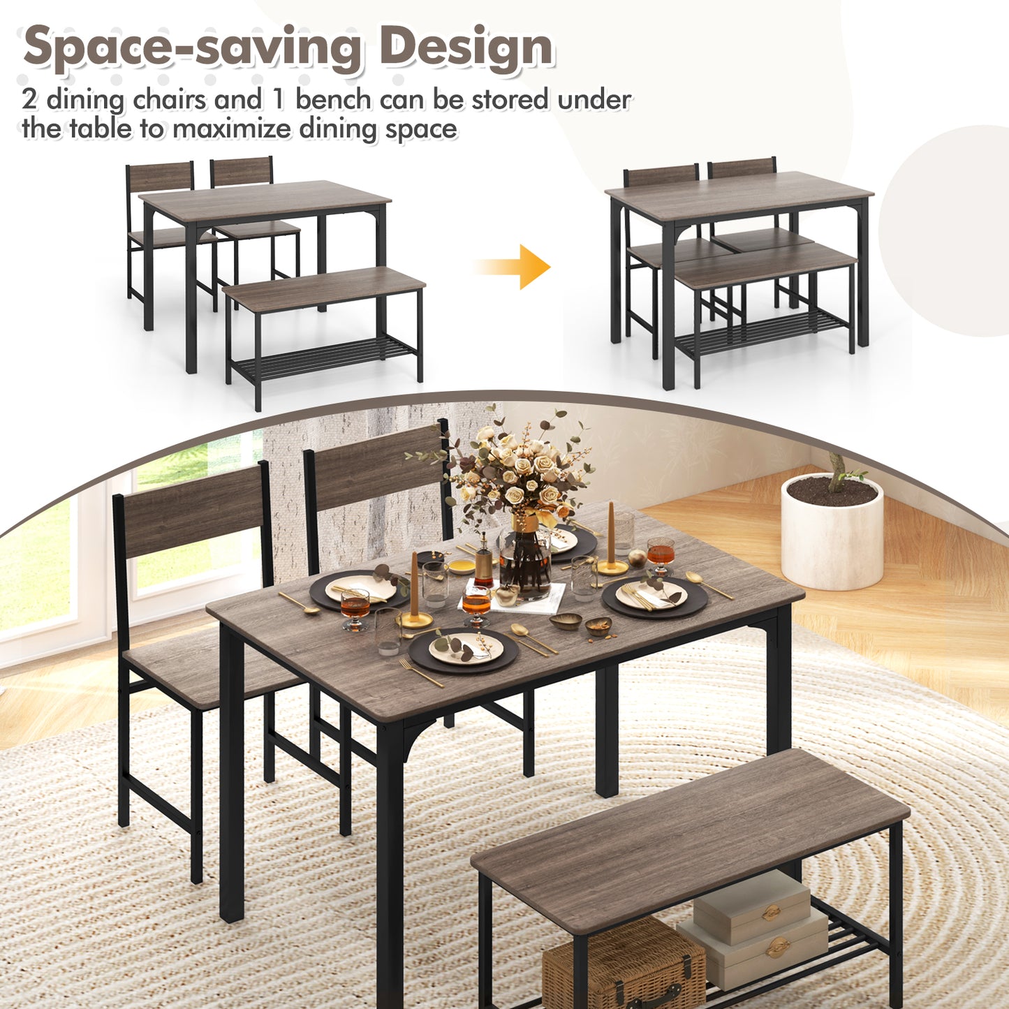 Rustic 4 Piece Dining Table Set with Bench and Two Chairs for Kitchen or Dining Room, Grey