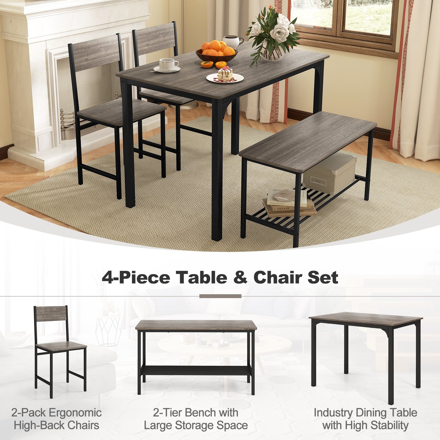 Rustic 4 Piece Dining Table Set with Bench and Two Chairs for Kitchen or Dining Room, Grey