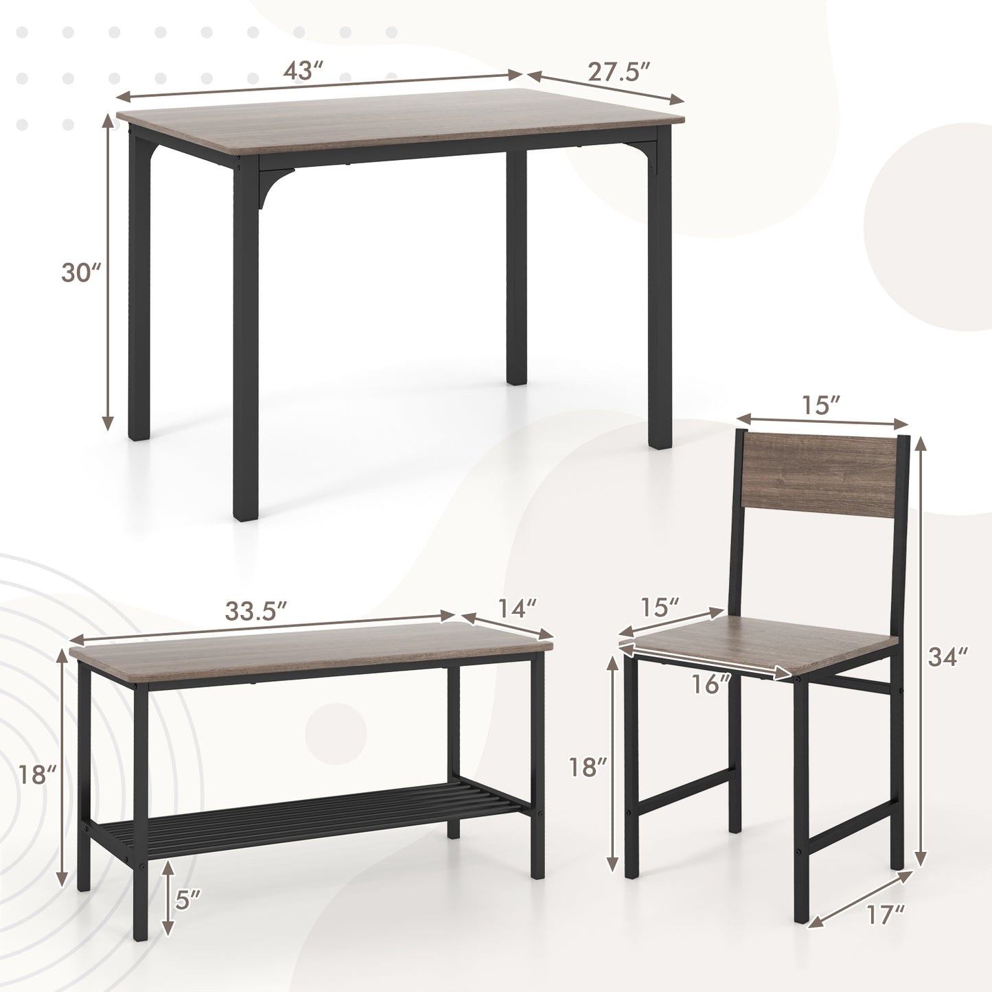 Rustic 4 Piece Dining Table Set with Bench and Two Chairs for Kitchen or Dining Room, Grey