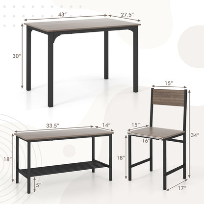 Rustic 4 Piece Dining Table Set with Bench and Two Chairs for Kitchen or Dining Room, Grey