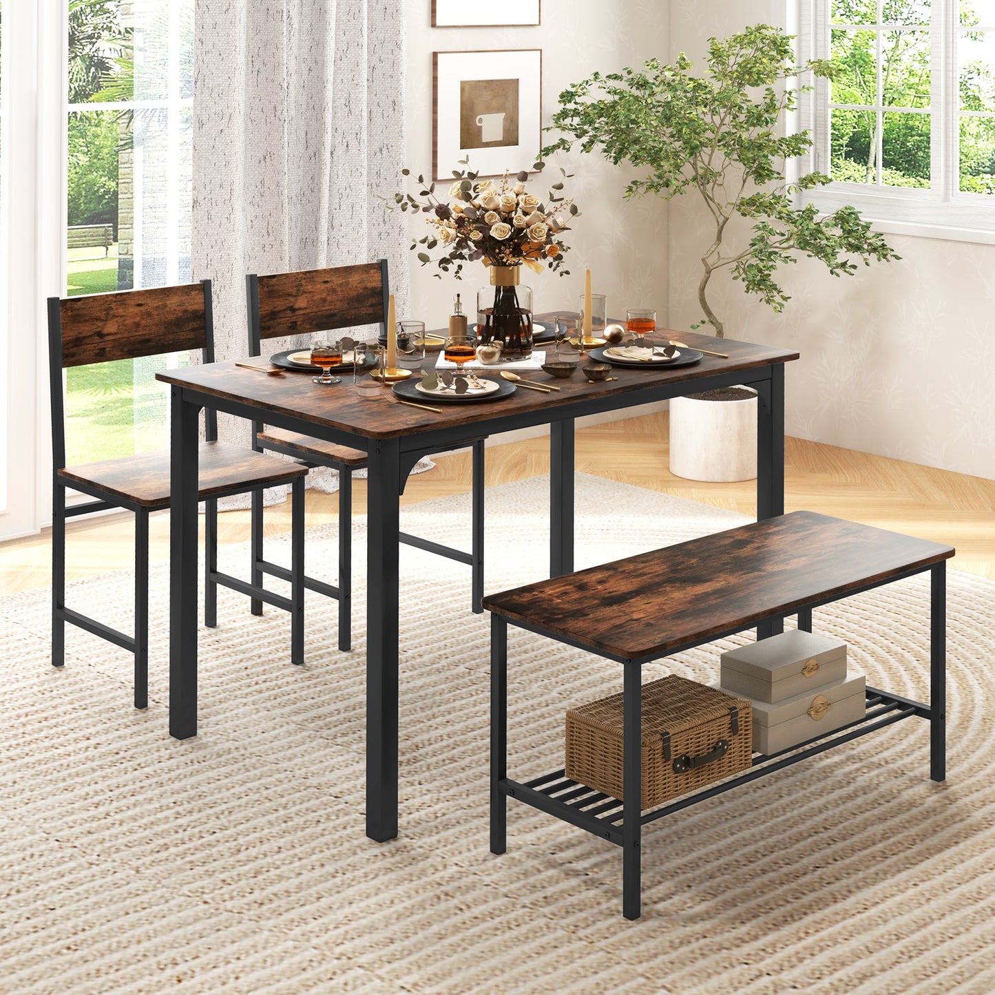 Rustic 4 Piece Dining Table Set with Bench and Two Chairs for Kitchen or Dining Room, Rustic Brown