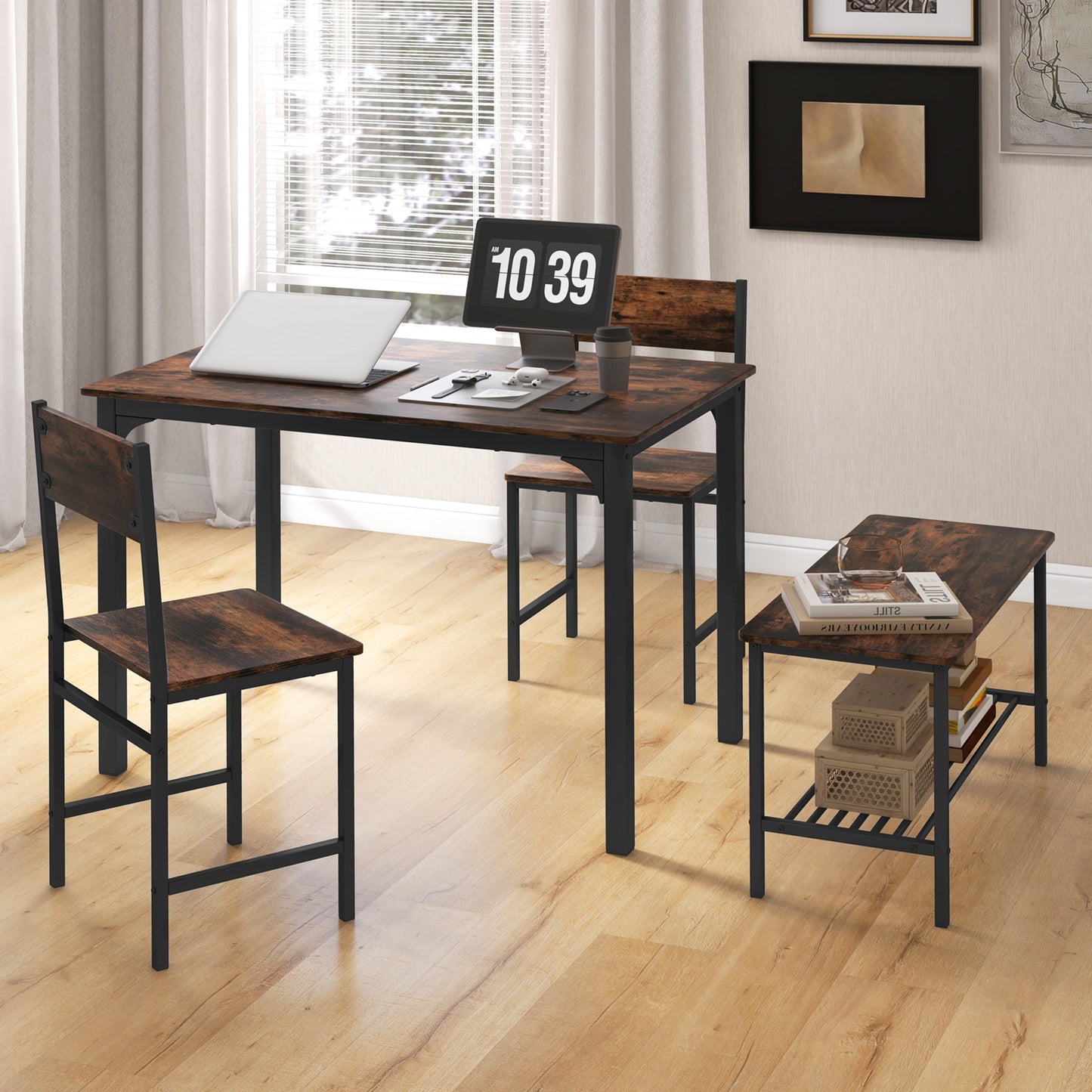 Rustic 4 Piece Dining Table Set with Bench and Two Chairs for Kitchen or Dining Room, Rustic Brown