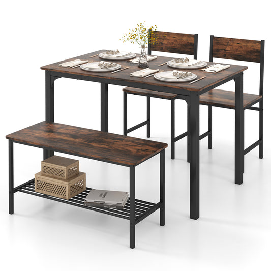Rustic 4 Piece Dining Table Set with Bench and Two Chairs for Kitchen or Dining Room, Rustic Brown
