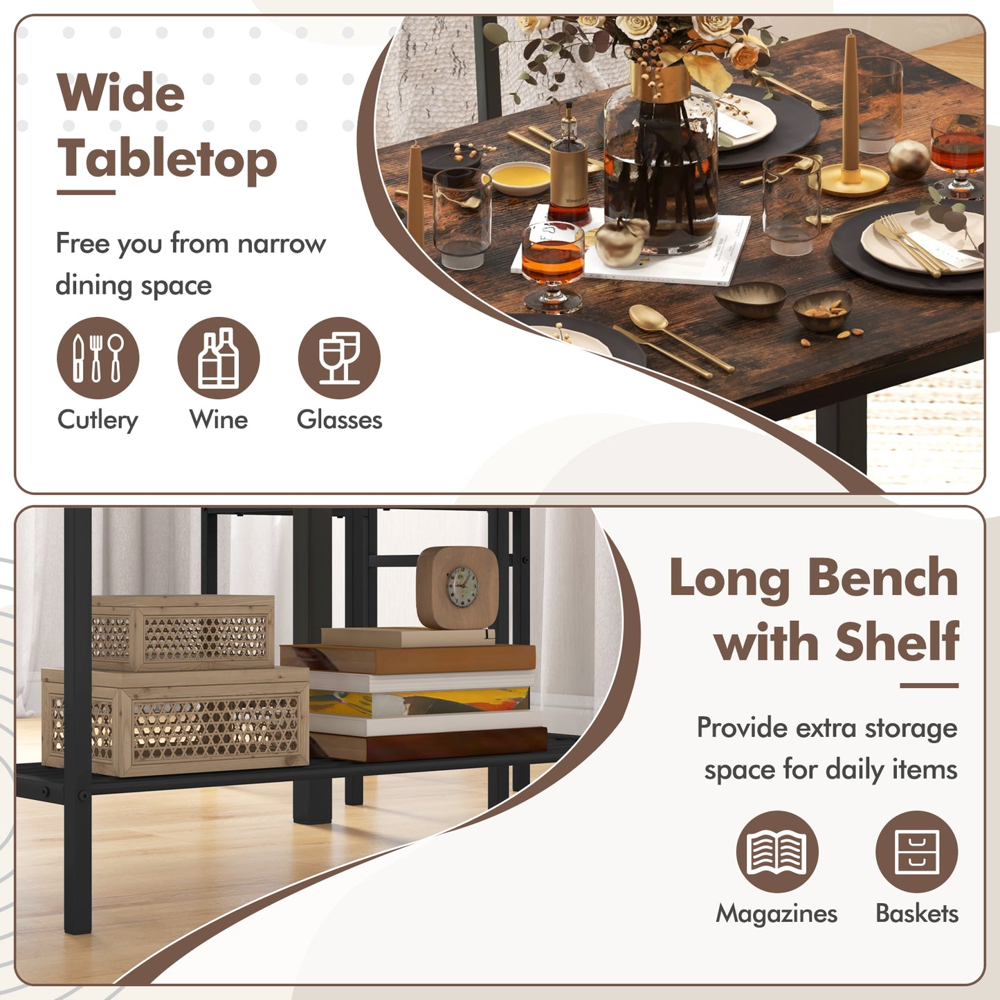 Rustic 4 Piece Dining Table Set with Bench and Two Chairs for Kitchen or Dining Room, Rustic Brown