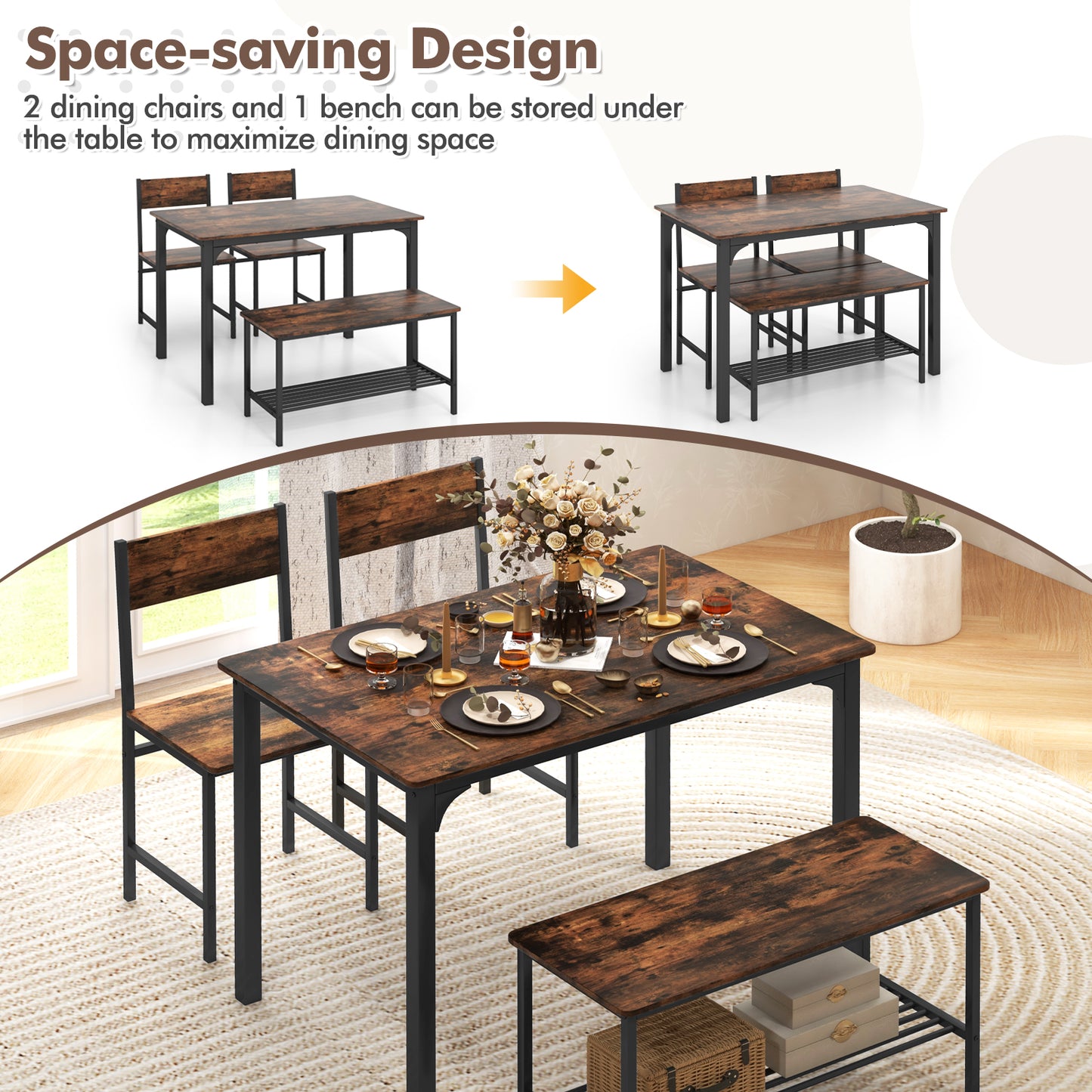 Rustic 4 Piece Dining Table Set with Bench and Two Chairs for Kitchen or Dining Room, Rustic Brown