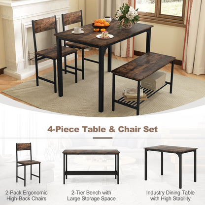Rustic 4 Piece Dining Table Set with Bench and Two Chairs for Kitchen or Dining Room, Rustic Brown