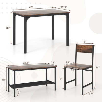 Rustic 4 Piece Dining Table Set with Bench and Two Chairs for Kitchen or Dining Room, Rustic Brown