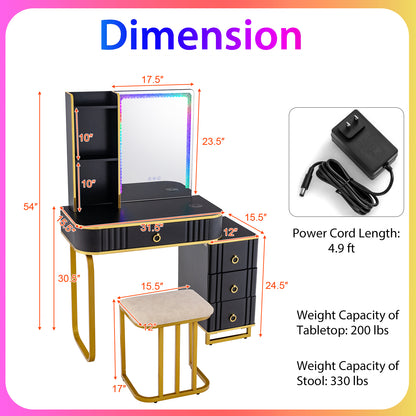 Vanity Table Set with RGB LED Mirror, Wireless Charging, Storage Drawers and Stool – Black