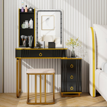 Vanity Table Set with RGB LED Mirror, Wireless Charging, Storage Drawers and Stool – Black
