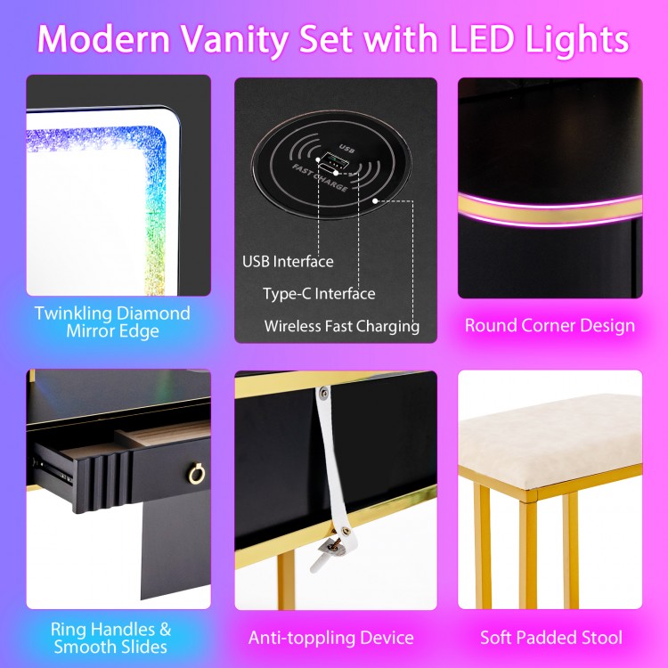 Vanity Table Set with RGB LED Mirror, Wireless Charging, Storage Drawers and Stool – Black