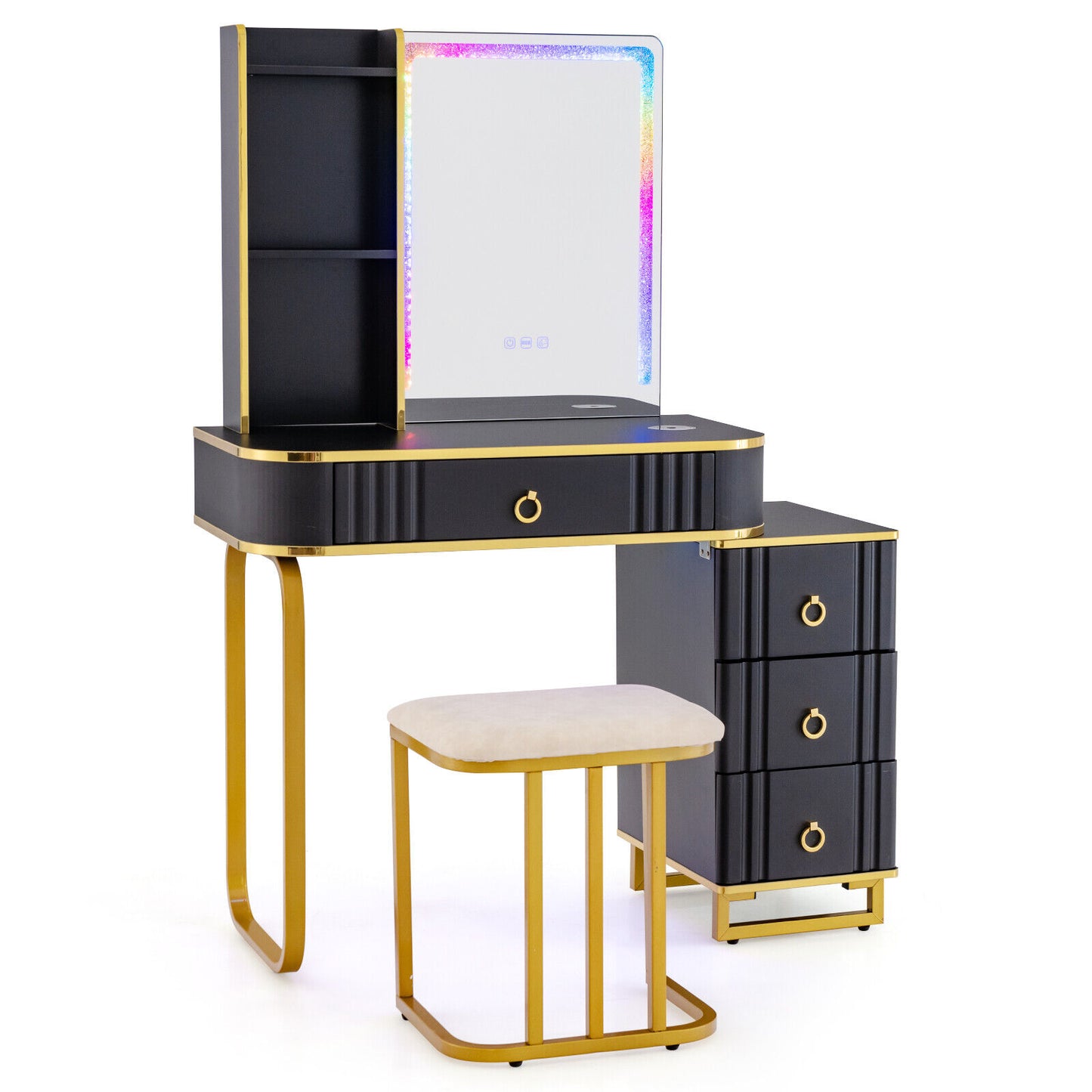 Vanity Table Set with RGB LED Mirror, Wireless Charging, Storage Drawers and Stool – Black