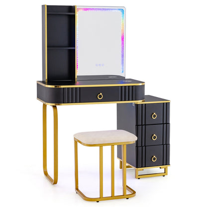Vanity Table Set with RGB LED Mirror, Wireless Charging, Storage Drawers and Stool – Black