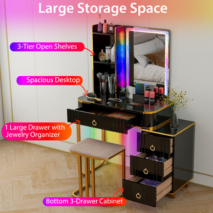 Vanity Table Set with RGB LED Mirror, Wireless Charging, Storage Drawers and Stool – Black