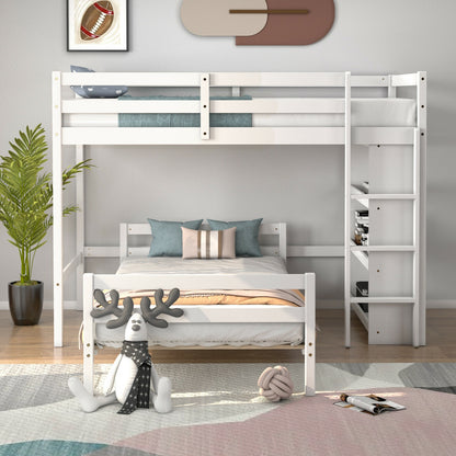 Space-Saving Twin Loft Bunk Bed with Bookcase and Guardrail - White