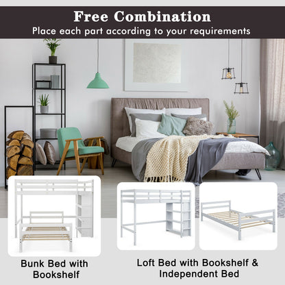 Space-Saving Twin Loft Bunk Bed with Bookcase and Guardrail - White