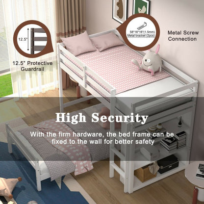 Space-Saving Twin Loft Bunk Bed with Bookcase and Guardrail - White