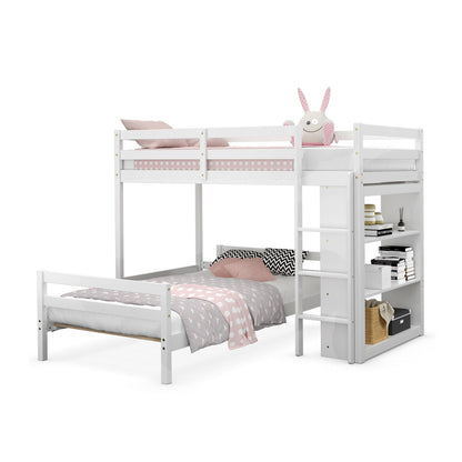 Space-Saving Twin Loft Bunk Bed with Bookcase and Guardrail - White