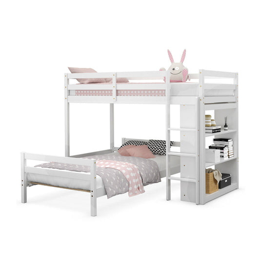 Space-Saving Twin Loft Bunk Bed with Bookcase and Guardrail - White