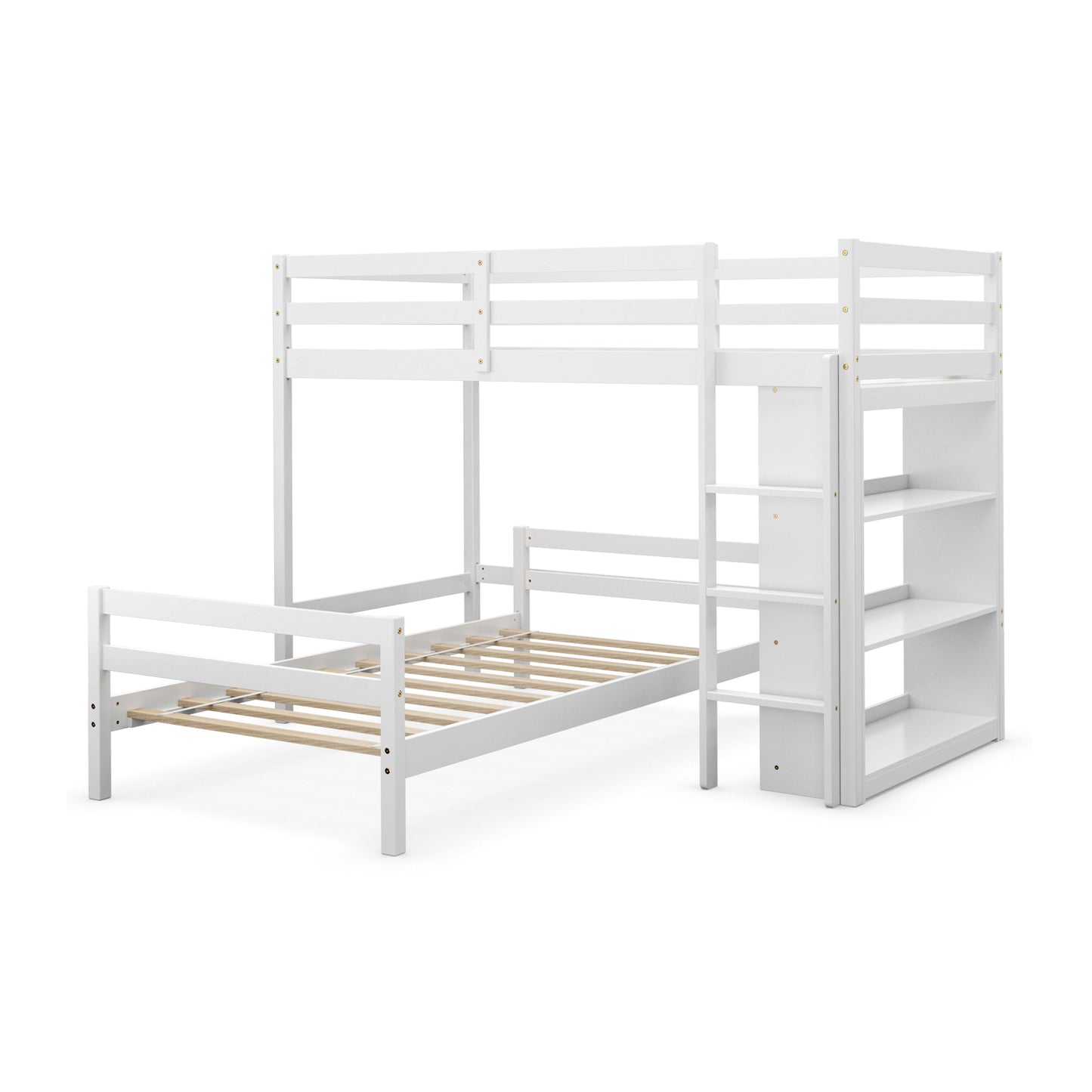 Space-Saving Twin Loft Bunk Bed with Bookcase and Guardrail - White