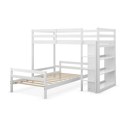 Space-Saving Twin Loft Bunk Bed with Bookcase and Guardrail - White