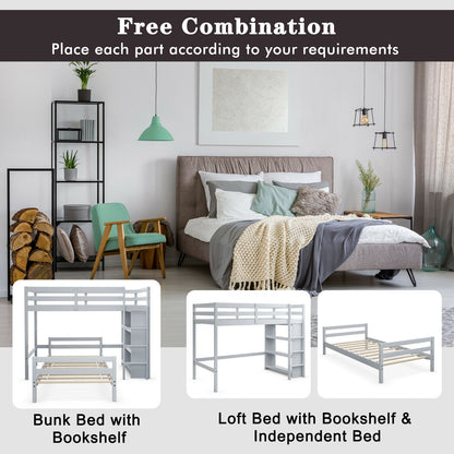 Space-Saving Twin Loft Bunk Bed with Bookcase and Guardrail - Grey