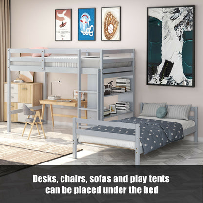 Space-Saving Twin Loft Bunk Bed with Bookcase and Guardrail - Grey