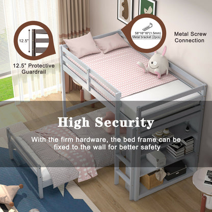 Space-Saving Twin Loft Bunk Bed with Bookcase and Guardrail - Grey