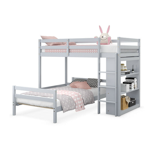 Space-Saving Twin Loft Bunk Bed with Bookcase and Guardrail - Grey