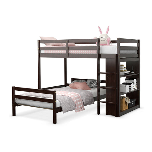 Space-Saving Twin Loft Bunk Bed with Bookcase and Guardrail - Dark Brown