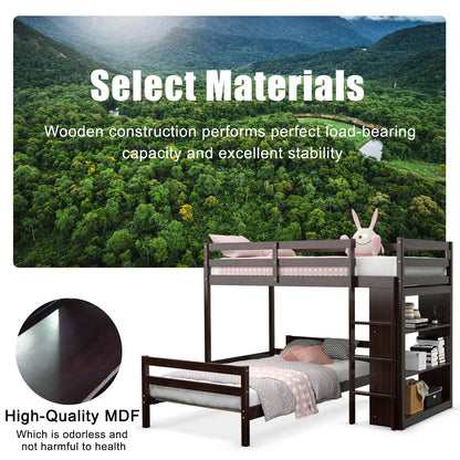 Space-Saving Twin Loft Bunk Bed with Bookcase and Guardrail - Dark Brown