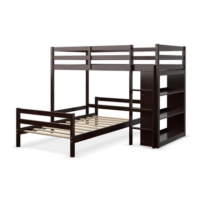 Space-Saving Twin Loft Bunk Bed with Bookcase and Guardrail - Dark Brown