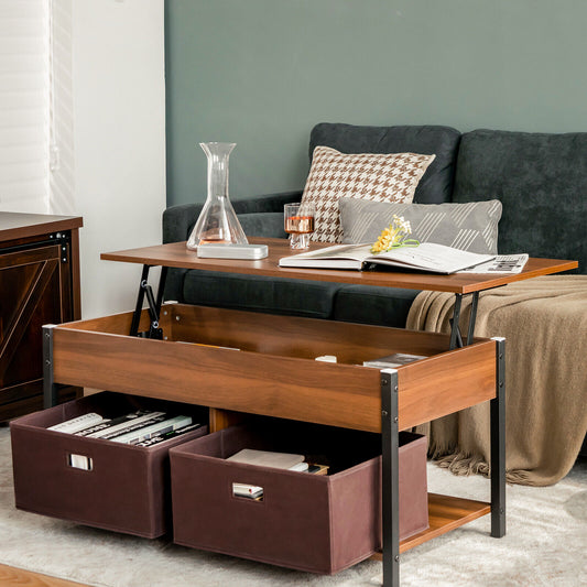 Adjustable Lift Top Coffee Table with Hidden Storage and Fabric Drawers - Brown