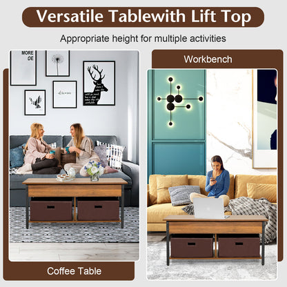 Adjustable Lift Top Coffee Table with Hidden Storage and Fabric Drawers - Brown