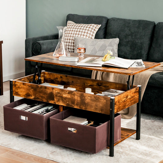 Adjustable Lift Top Coffee Table with Hidden Storage and Fabric Drawers - Rustic Brown