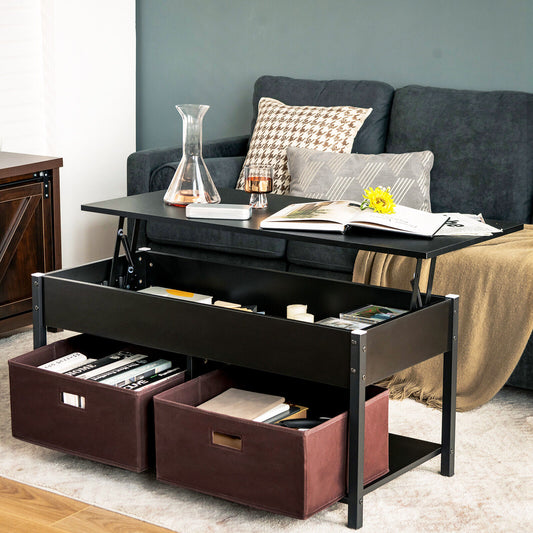 Adjustable Lift Top Coffee Table with Hidden Storage and Fabric Drawers - Black