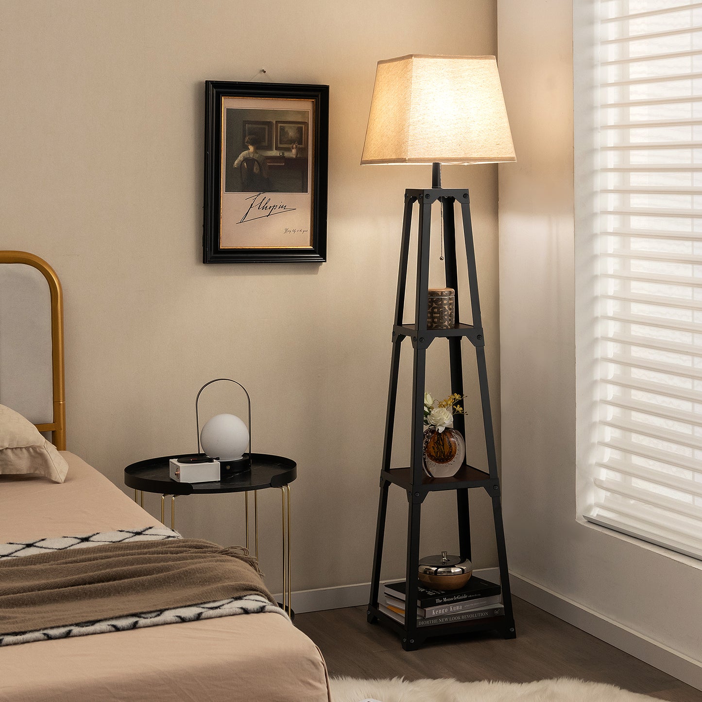 Trapezoidal Floor Lamp with 3 Tier Storage Shelves and Linen Shade