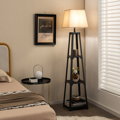 Trapezoidal Floor Lamp with 3 Tier Storage Shelves and Linen Shade