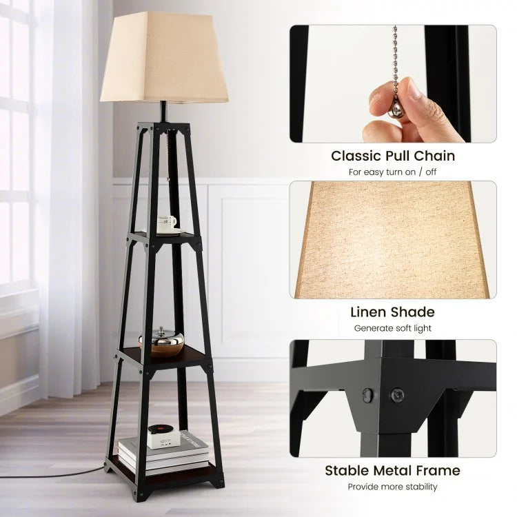 Trapezoidal Floor Lamp with 3 Tier Storage Shelves and Linen Shade