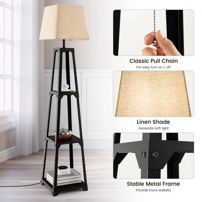 Trapezoidal Floor Lamp with 3 Tier Storage Shelves and Linen Shade