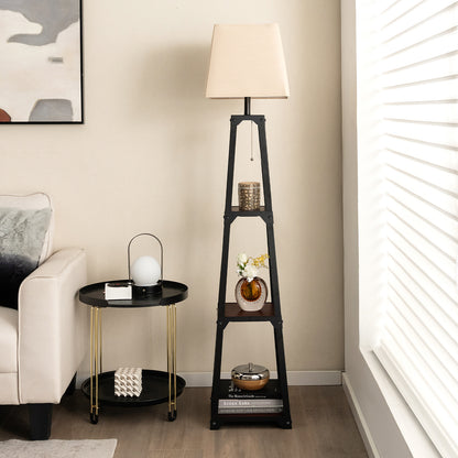 Trapezoidal Floor Lamp with 3 Tier Storage Shelves and Linen Shade