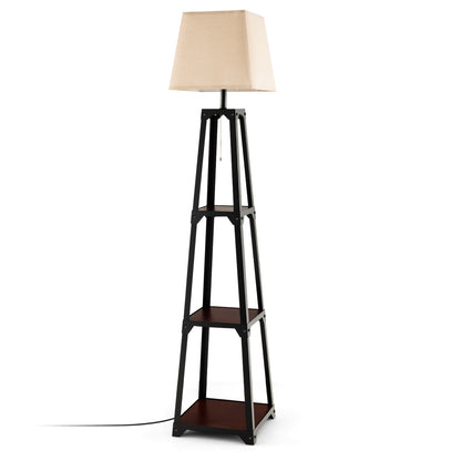 Trapezoidal Floor Lamp with 3 Tier Storage Shelves and Linen Shade