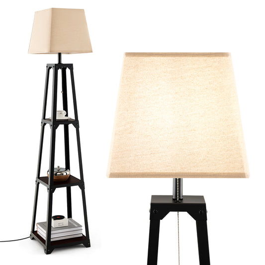 Trapezoidal Floor Lamp with 3 Tier Storage Shelves and Linen Shade