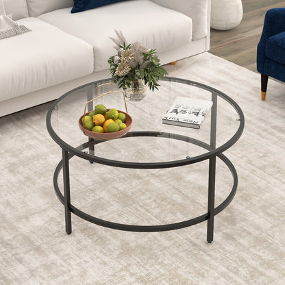 Modern 36 Inch Round Glass Coffee Table with Black Metal Frame and Tempered Glass Top