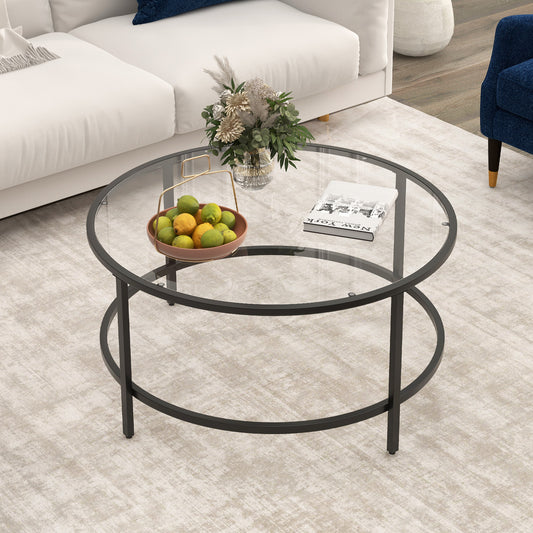 Modern 36 Inch Round Glass Coffee Table with Black Metal Frame and Tempered Glass Top