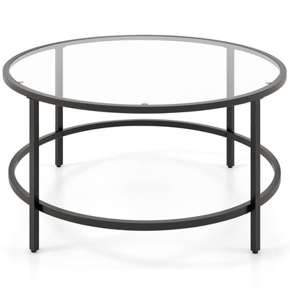 Modern 36 Inch Round Glass Coffee Table with Black Metal Frame and Tempered Glass Top