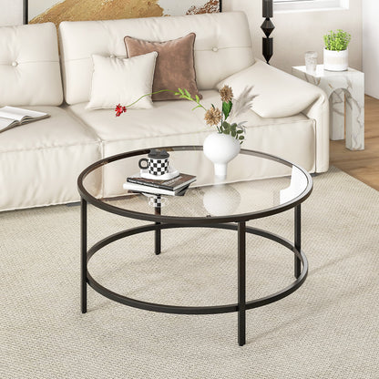 Modern 36 Inch Round Glass Coffee Table with Black Metal Frame and Tempered Glass Top