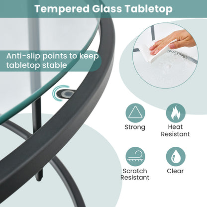Modern 36 Inch Round Glass Coffee Table with Black Metal Frame and Tempered Glass Top